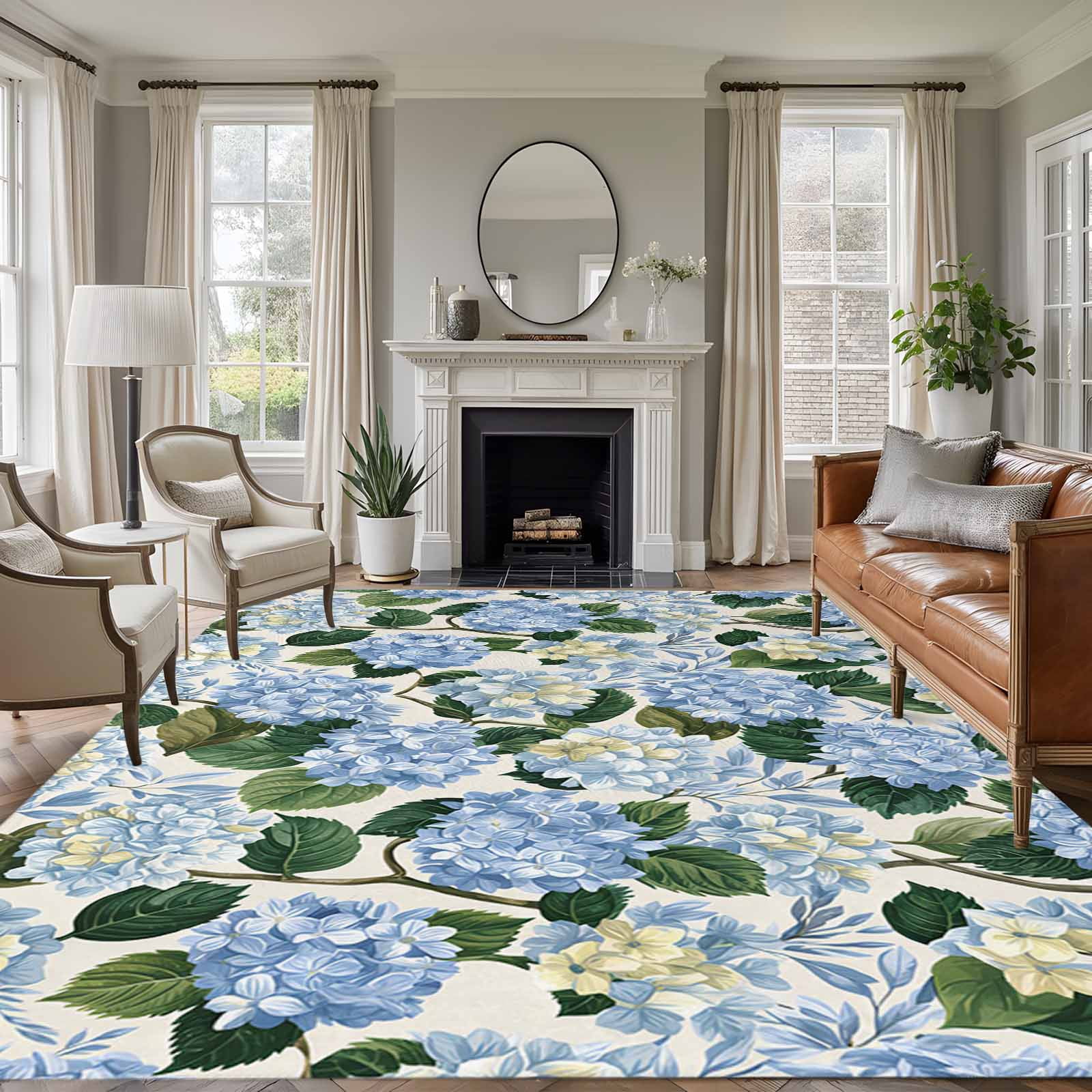 Blue Hydrangea 5x7 Rug for Living Room Sofa and Coffee Table Layout ...