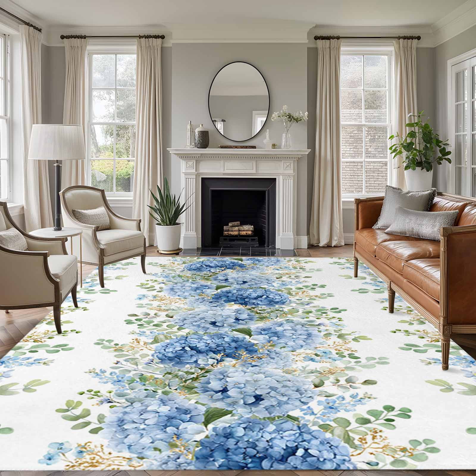Tufted Rug Blue Hydrangea Blue Hydrangea 8'x10' Area Rug for Living Room Sectional Sofa, Rustic ...