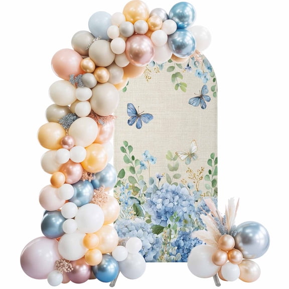 Blue Hydrangea Arch Backdrop Cover 4 FT Rustic Summer Blue Floral Butterfly Linen Texture Stretchy Elastic Arch Stand Covers Spandex Arched Background Birthday Wedding Party Decoration (No Stand)