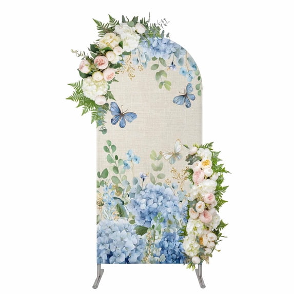 Blue Hydrangea Arch Backdrop Cover 4FT, Spring Summer Eucalyptus Vintage Beige Spandex Fitted Stretchy Arch Stand Covers, Round Top Chiara Backdrop Cover for Wedding Party Birthday Baby Shower