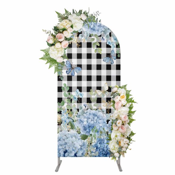Blue Hydrangea Arch Backdrop Cover 5FT, Spring Summer Eucalyptus Black Checkered Spandex Fitted Stretchy Arch Stand Covers, Round Top Chiara Backdrop Cover for Wedding Party Birthday Baby Shower