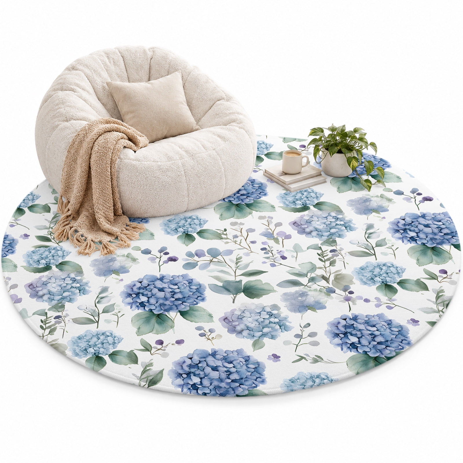 Blue Hydrangea Area Rug 4', Eucalyptus Leaves Watercolor Plant Farm ...