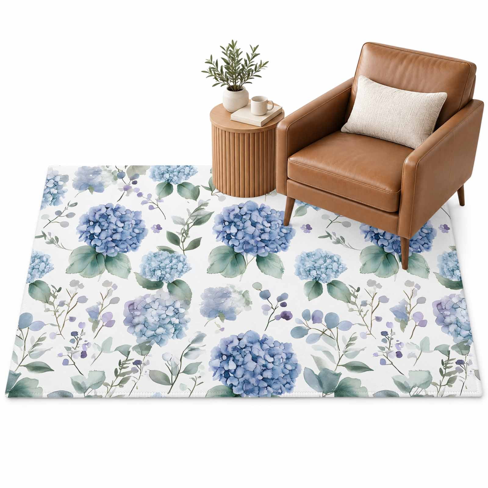 Blue Hydrangea Area Rug 4'x6', Eucalyptus Leaves Watercolor Plant Farm ...