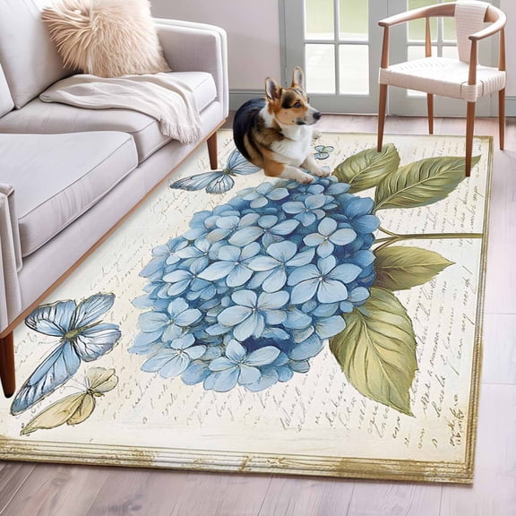 Blue Hydrangea Area Rug 4x6 Washable Rug Non Slip Spring Vintage Botanical Butterfly Large Area Rug Indoor Floor Carpet for Entryway Bedroom Kitchen Living Room Home Office Dining Room Nursery