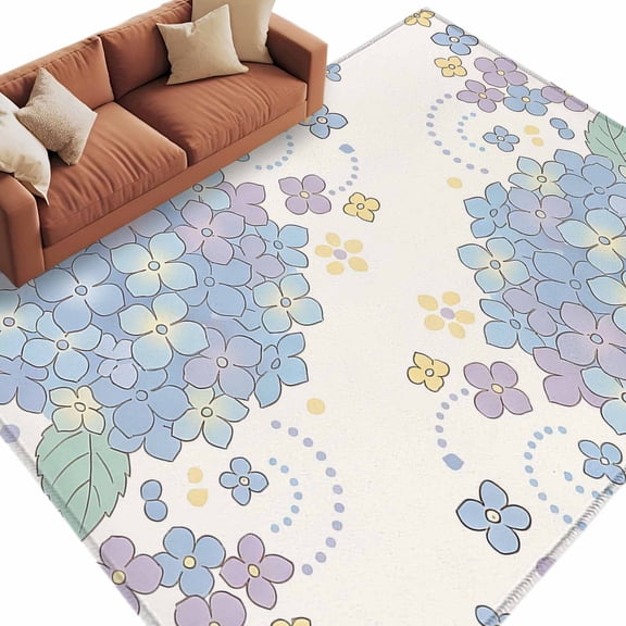 Blue Hydrangea Area Rug 5x8 Washable Rug Non Slip Spring Floral Flowers Leaves Plants Watercolor Large Area Rug Soft Stainresistant Indoor Floor Carpet for Living Room Bedroom Office Dining Room