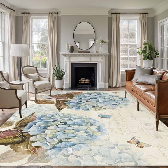Blue Hydrangea Area Rug 6x9 Washable Rug Non Slip Spring Floral Leaves Butterfly Vintage Beige Large Area Rug Soft Stainresistant Indoor Floor Carpet for Living Room Bedroom Home Office Dining Room