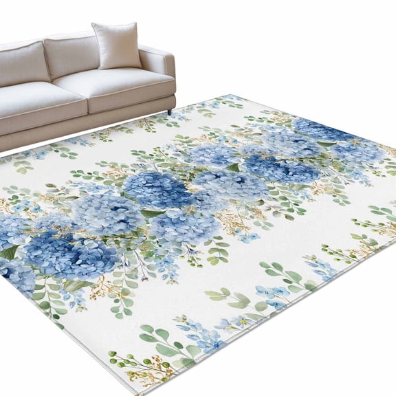 Blue Hydrangea Area Rugs 4x6ft Rustic Summer Blue Floral Leaf Floor Rug&nbsp;Non Slip Low Pile Ultra Soft Throw Carpet for Entryway Indoor Entrance Kitchen Bathroom