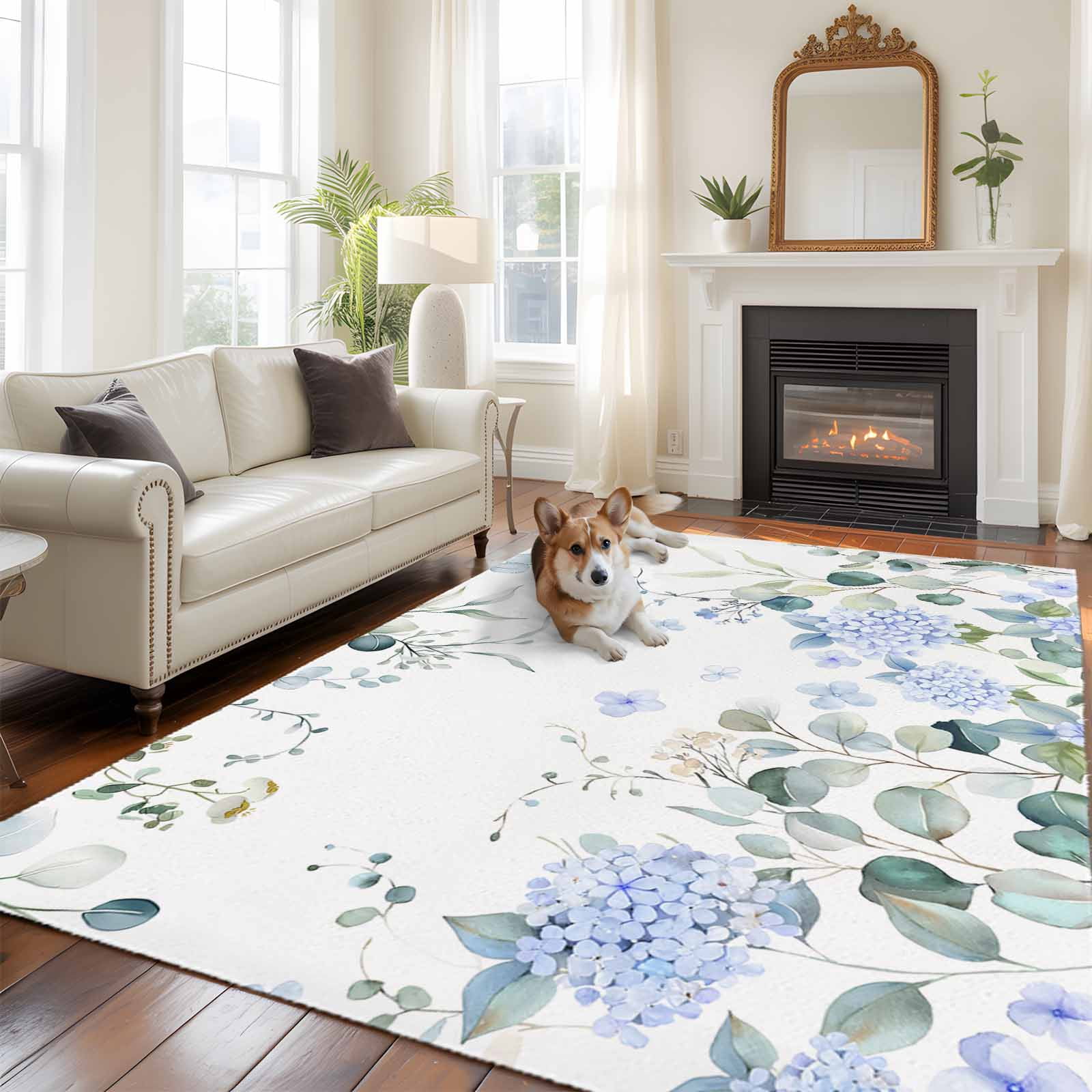 Blue Hydrangea Area Rugs 5x7 ft Country Eucalyptus Leaf Floral Washable ...