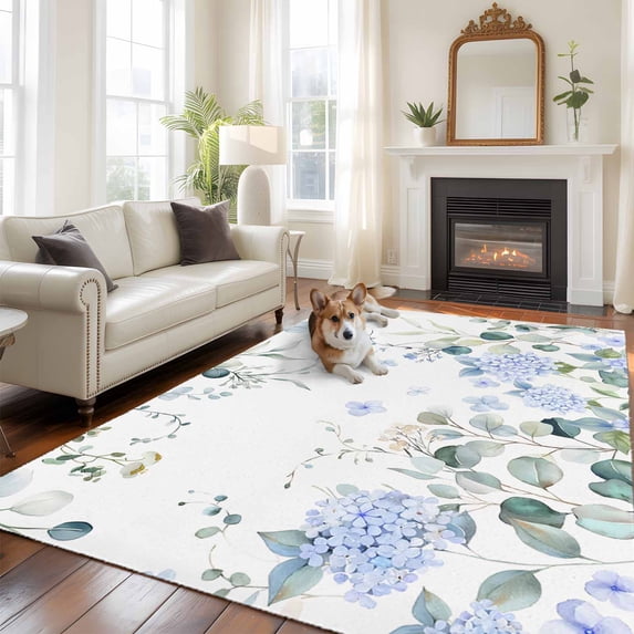 Blue Hydrangea Area Rugs 5x7 ft Country Eucalyptus Leaf Floral Washable ...