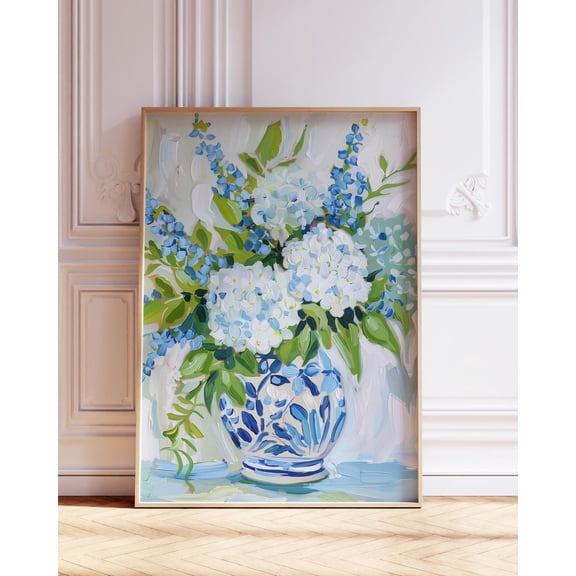 Blue Hydrangea Art Print, Chinoiserie Vase, Unframed Paper Poster 11x14in