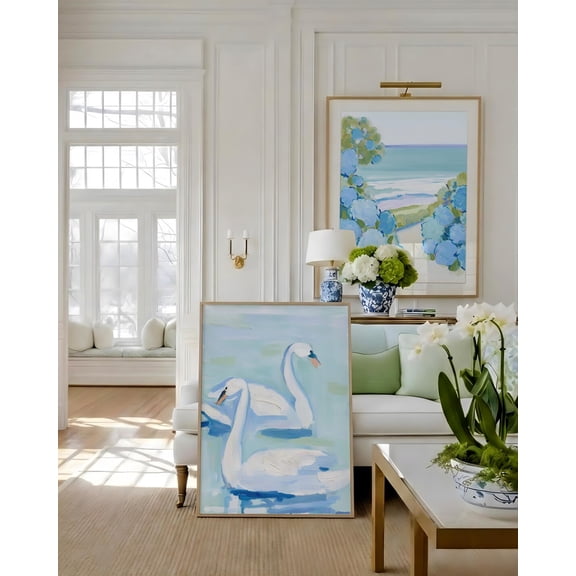 Blue Hydrangea Beach Path Swans Wall Art Print Set Of 2 With Coastal Decor