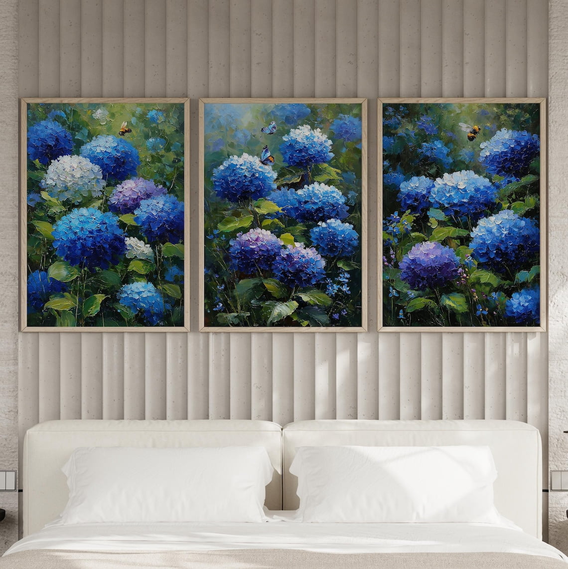 Bee Postser Blue Hydrangea Bee Garden Wall Art Set Of 3 Prints, Floral Decor ...