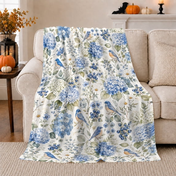 Blue Hydrangea Bird Autumn, Cozy Bird Art Scene, Warm Flannel Blanket for Living Room and Reading Nook with Detailed Artwork, Bird Lovers Thanksgiving Gift, Artistic Home Decor