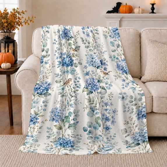 Blue Hydrangea Bird Watercolor Garden, Peaceful Bird Art Scene, Warm Flannel Blanket for Living Room and Reading Nook, Bird Lovers Housewarming Gift, Artistic Home Decor