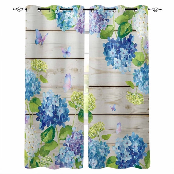 Blue Hydrangea Black Out Curtains 54 Inch Long, Short Curtains for Small Window, Rustic Wooden Butterfly Spring Floral Room Darkening Farmhouse Window Curtains for Kitchen Bedroom 42"x54" 2 Panels