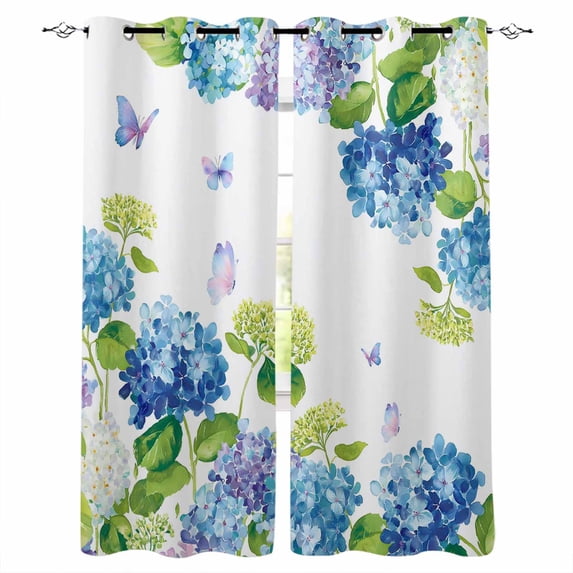 Blue Hydrangea Black Out Curtains 63 Inch Long, Room Darkening Draperies Curtains Panels, Farmhouse Butterfly Spring Floral Thermal Insulated Curtain for Bedroom Living Room 52"x63" 2 Panels
