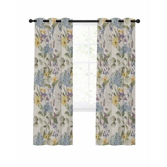 Blue Hydrangea Blackout Curtains for Bedroom Living Room, Watercolor Spring Yellow Floral Green Leaf Linen Texture 45 In Long Thermal Insulated Darkening Drapes Grommet Window Treatments 42x45 In