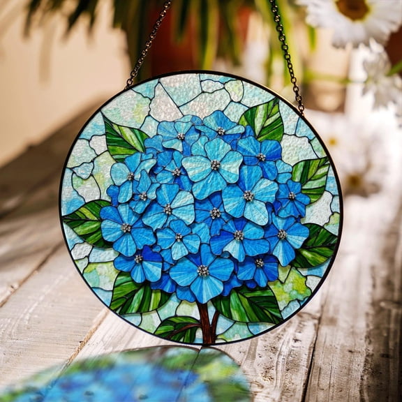 Blue Hydrangea Bloom Glass Round Suncatcher, Window Decor for Mom, 3.5 in