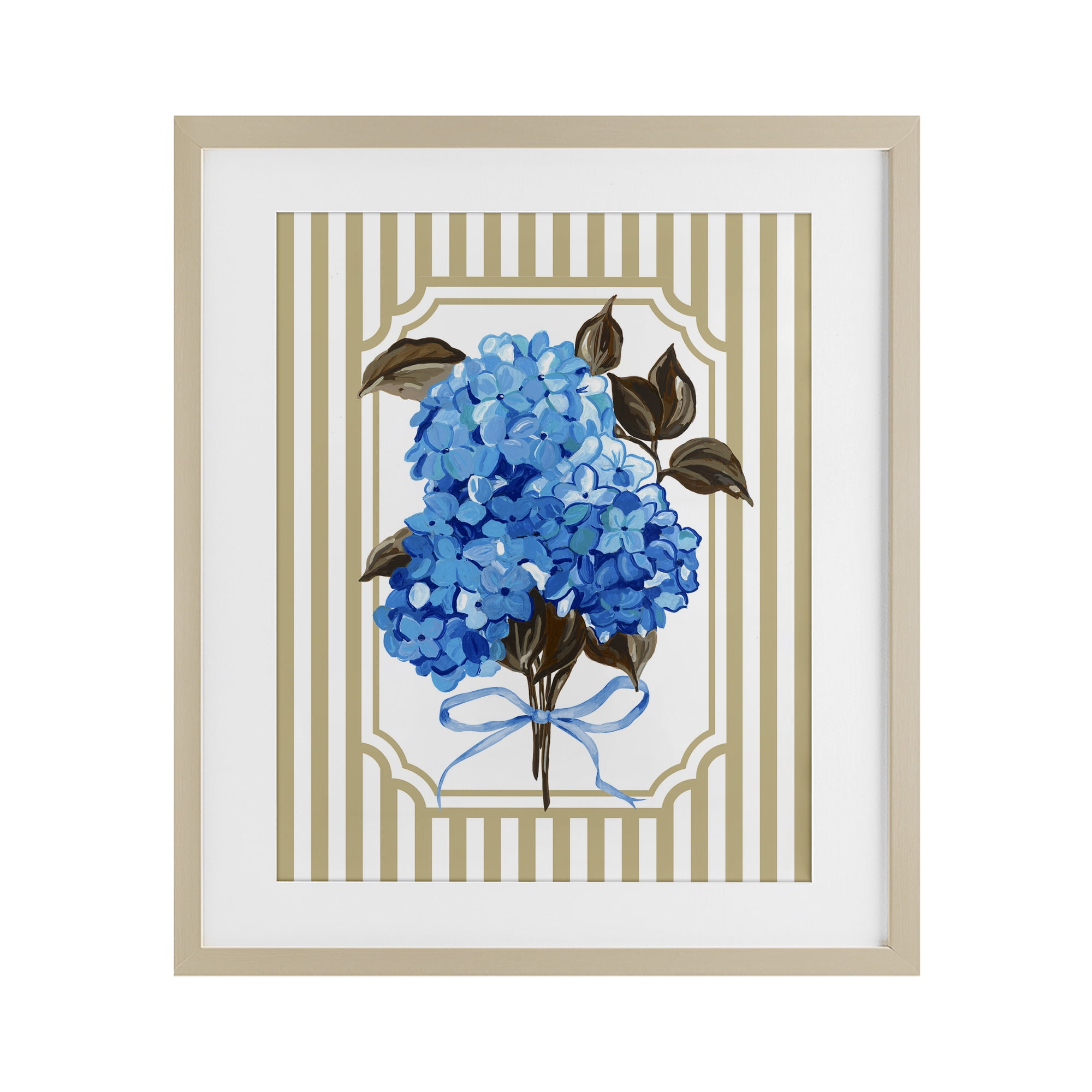 Blue Hydrangea Blossom Bow Birch Framed Print Under Glass, design by Adonna Ebrahimi