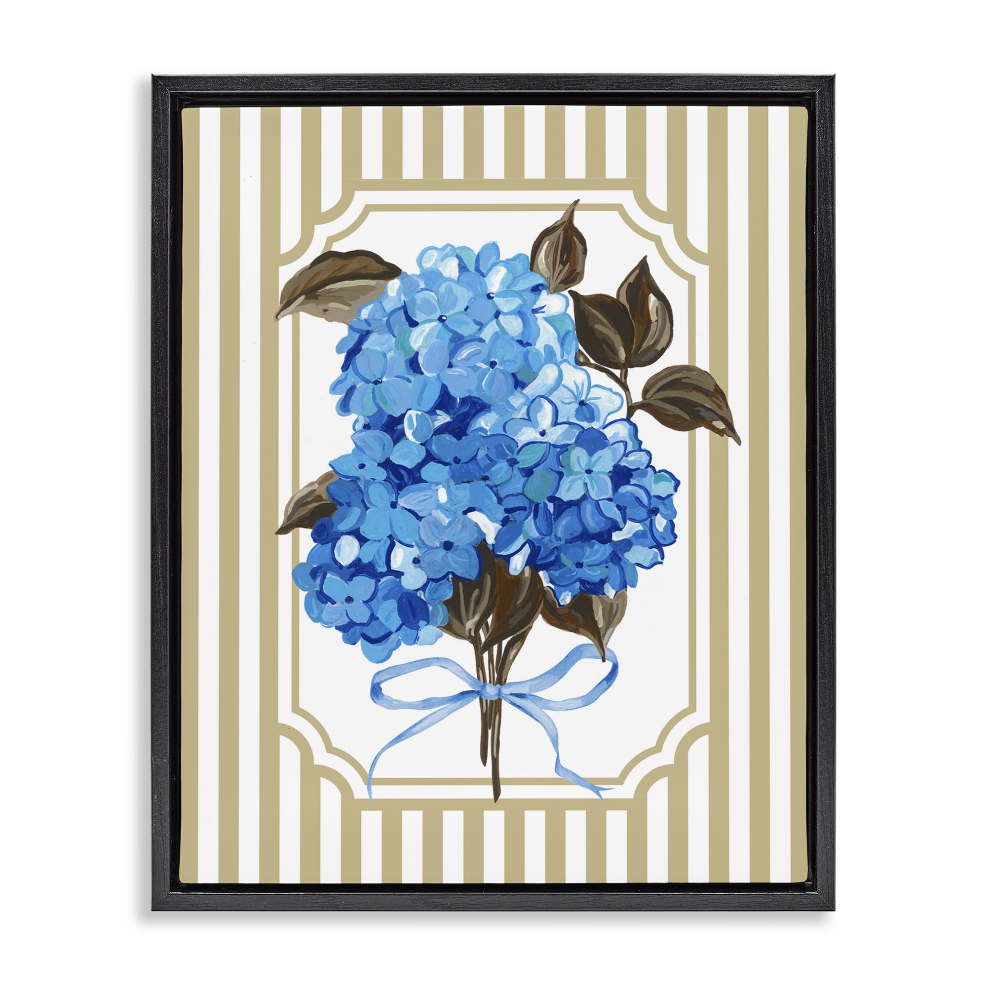 Blue Hydrangea Blossom Bow Black Framed Floater Canvas Wall Art, design by Adonna Ebrahimi