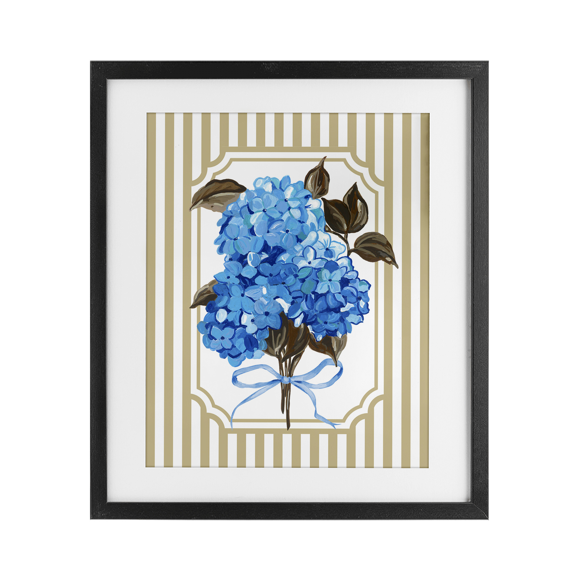 Blue Hydrangea Blossom Bow Black Framed Print Under Glass, design by Adonna Ebrahimi