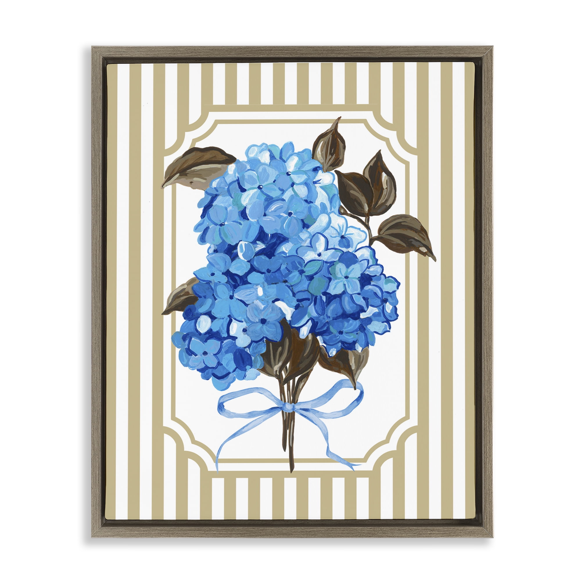 Blue Hydrangea Blossom Bow Brown Framed Floater Canvas Wall Art, design by Adonna Ebrahimi