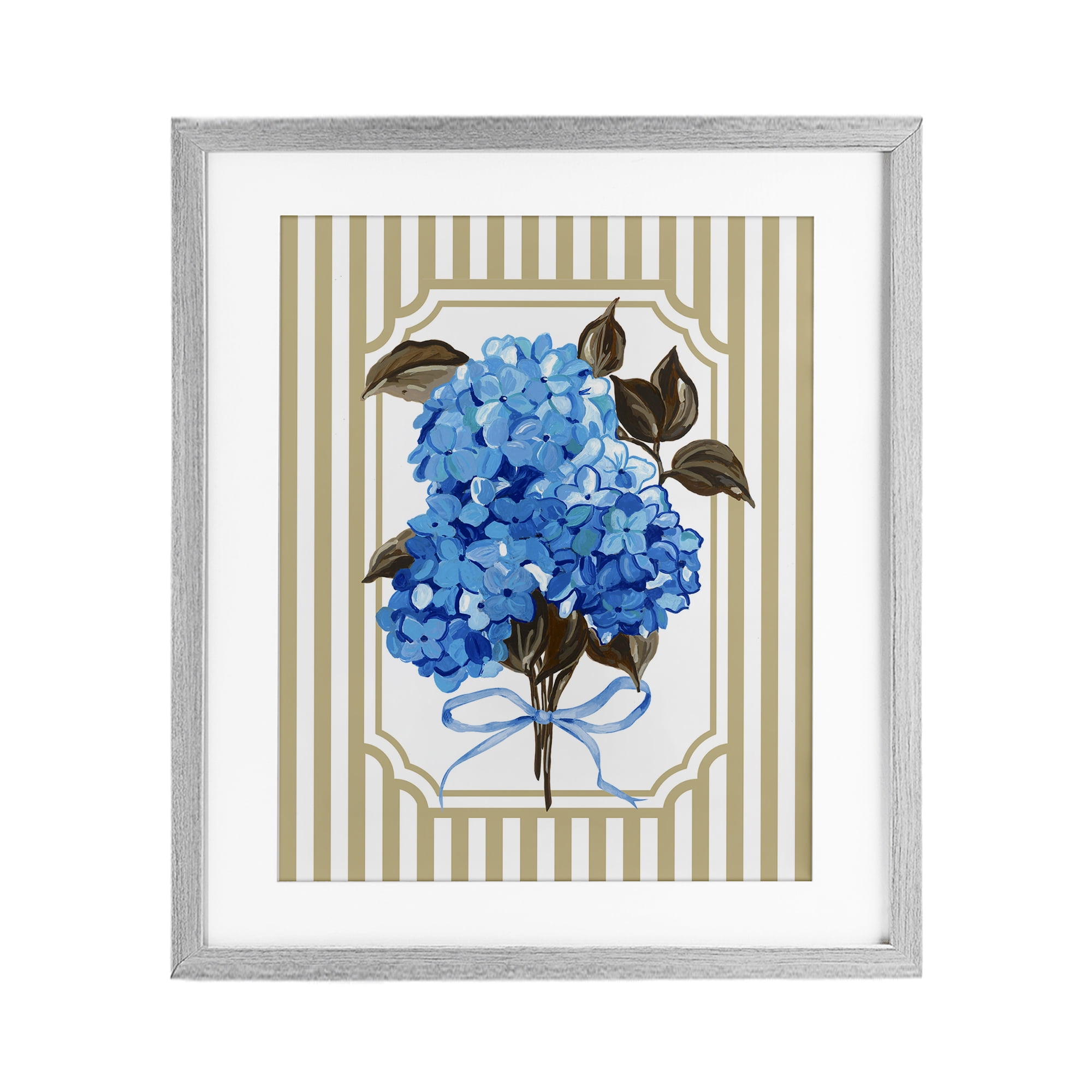 Blue Hydrangea Blossom Bow Gray Framed Print Under Glass, design by Adonna Ebrahimi