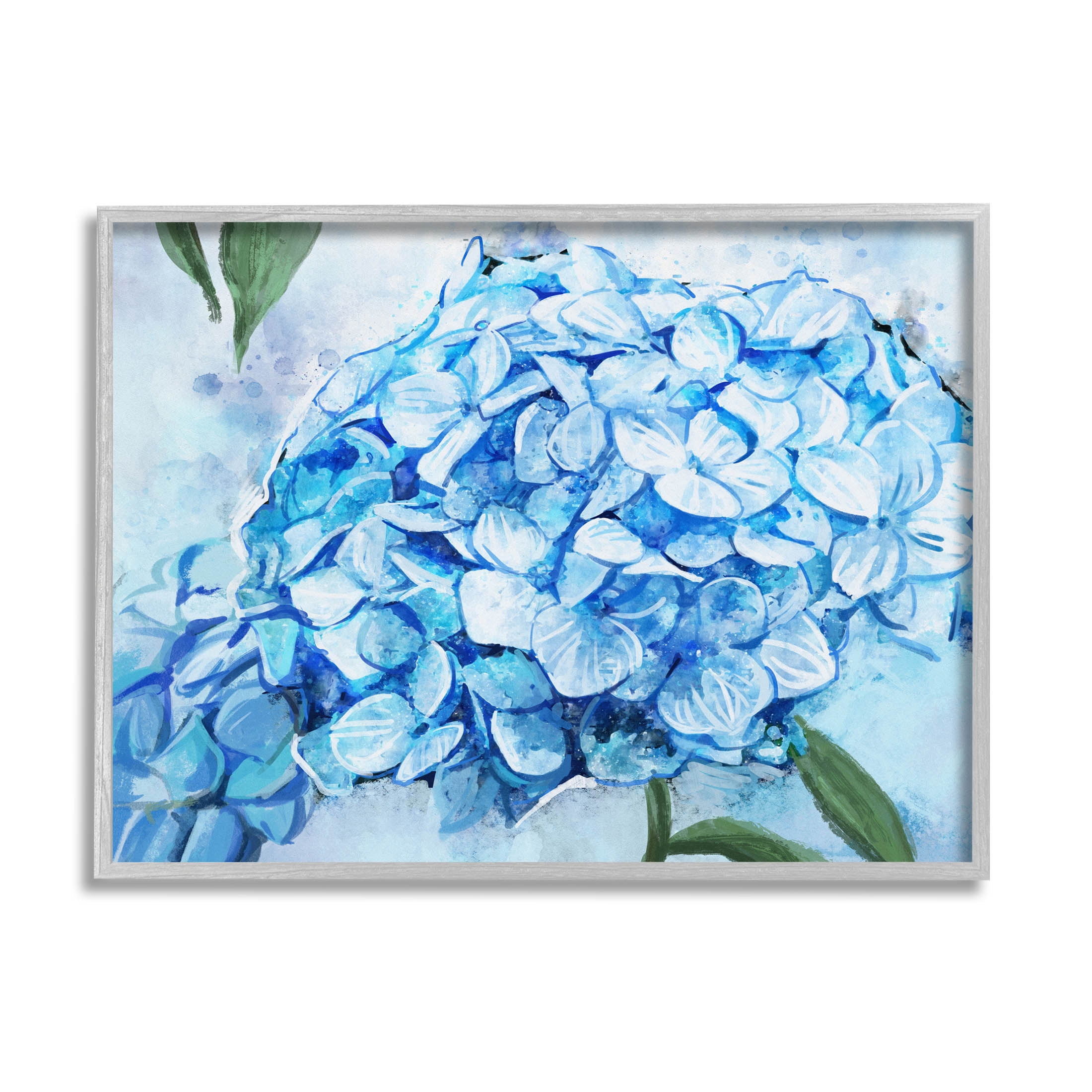 Blue Hydrangea Blossom Leaves Botanical & Floral Graphic Art Gray Framed Art Print Wall Art