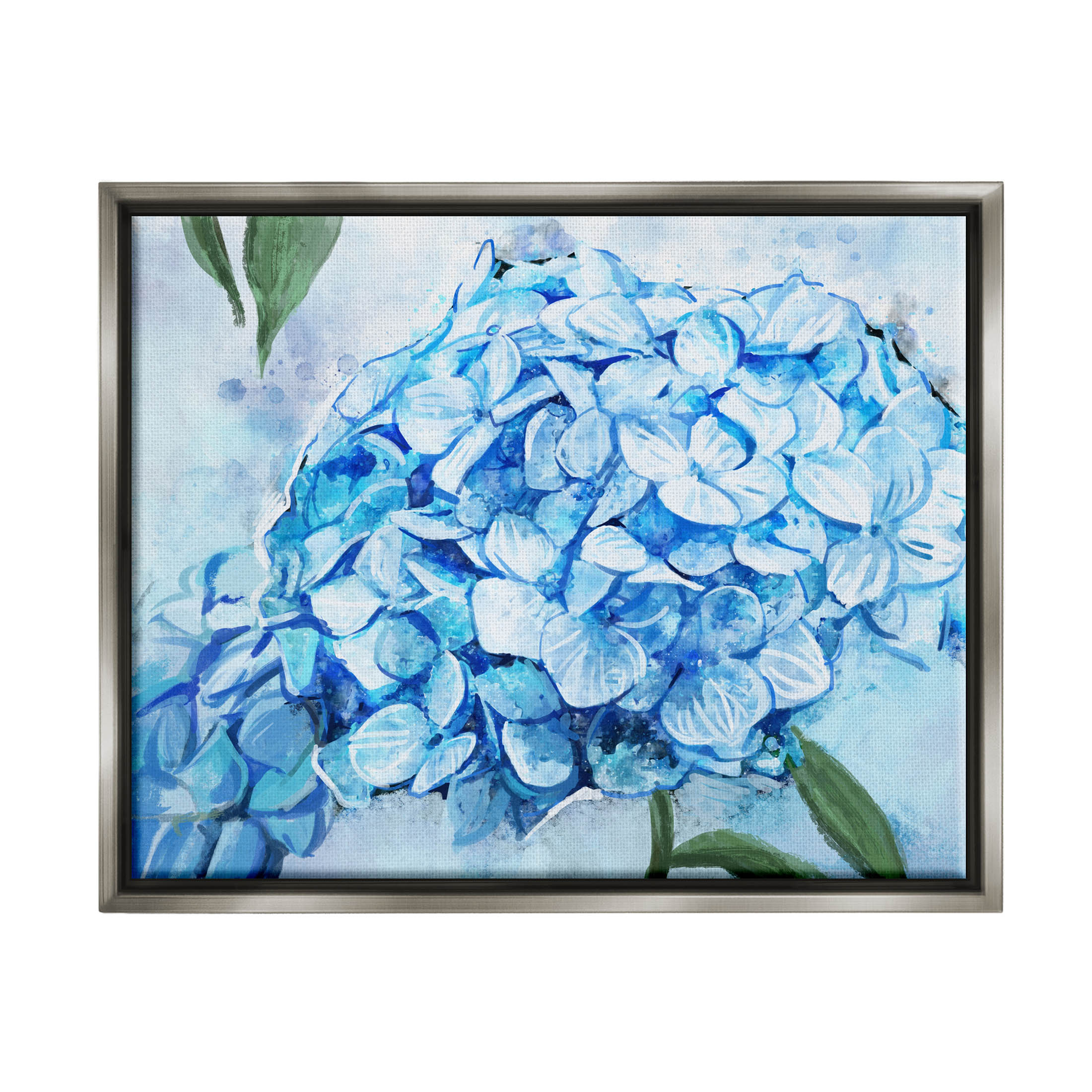 Blue Hydrangea Blossom Leaves Botanical & Floral Graphic Art Luster Gray Framed Art Print Wall Art