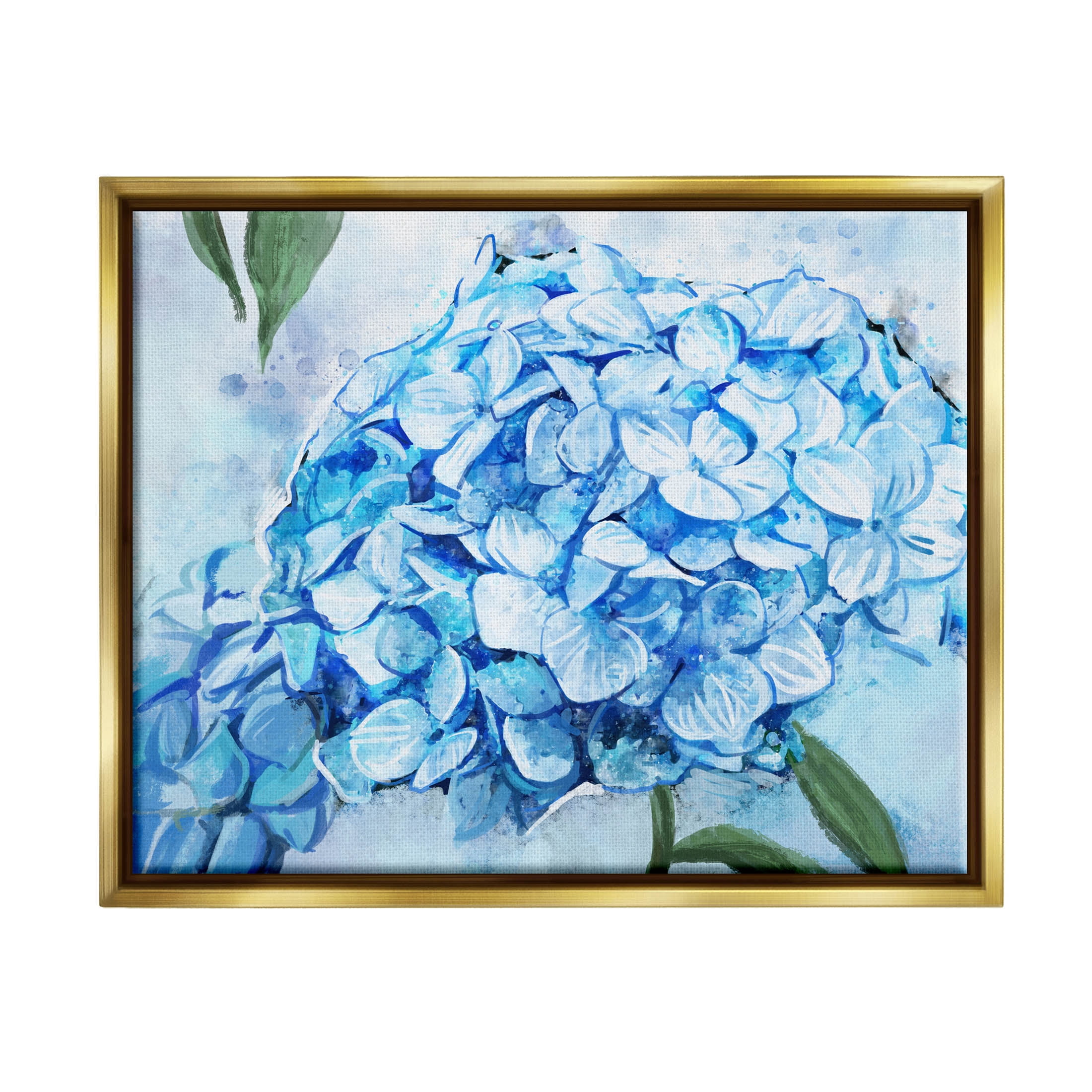 Blue Hydrangea Blossom Leaves Botanical & Floral Graphic Art Metallic Gold Framed Art Print Wall Art