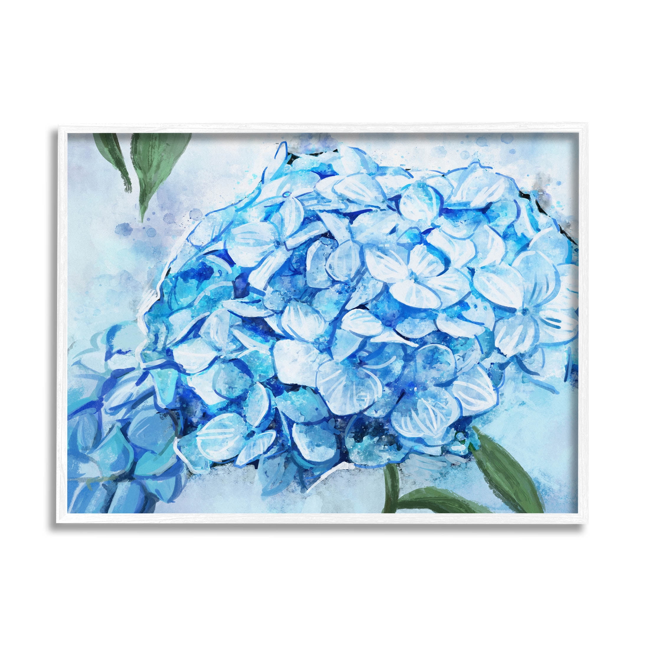 Blue Hydrangea Blossom Leaves Botanical & Floral Graphic Art White Framed Art Print Wall Art