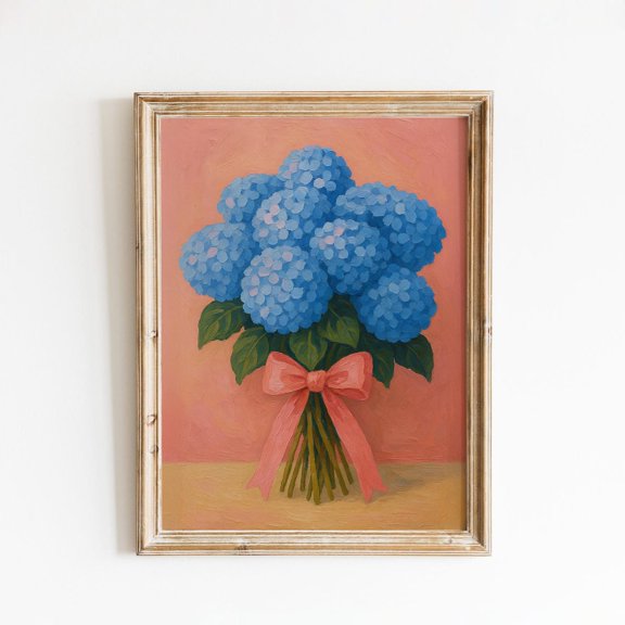 Blue Hydrangea Bouquet Ribbon Peach Wall Decor Unframed Paper Print