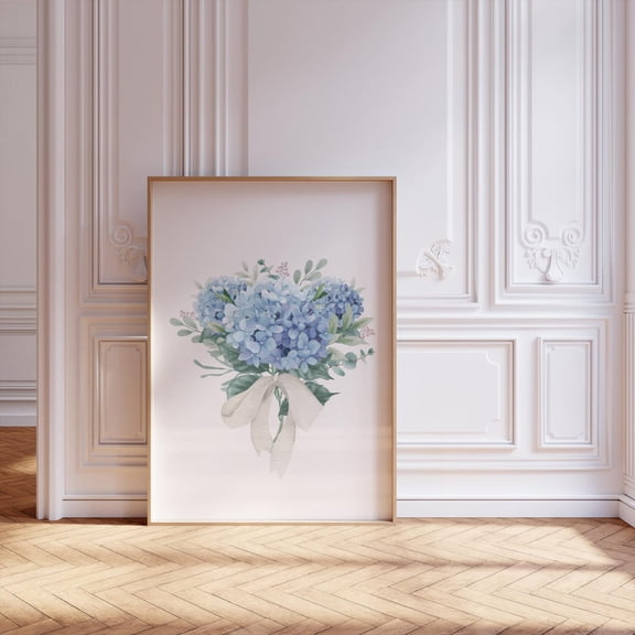 Blue Hydrangea Bouquet Wall Art, Vintage Nancy Meyers Grandmillenial Print Home Decor #582, Unframed Canvas Size 24x36