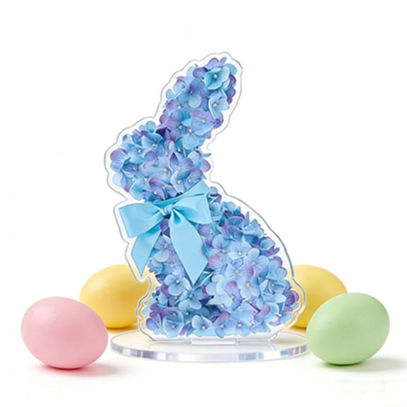 Blue Hydrangea Bunny Tabletop Decor - 16 Inch Easter Floral Bunny Figurine with Satin Bow, Spring Centerpiece for Mantel, Table, or Home Decor
