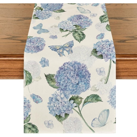 Blue Hydrangea Butterfly Table Runner 13x72 inches, Home Kitchen Dining Room Spring Summer Party Table Flag Decoration -B 13x72 inch
