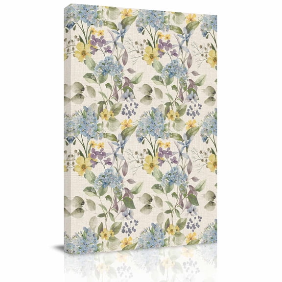 Blue Hydrangea Canvas Wall Art for Living Room, Watercolor Spring Yellow Floral Green Leaf Linen Texture Wall Decor Framed Artwork Pictures Ready to Hang for Bedroom Office Home Decor