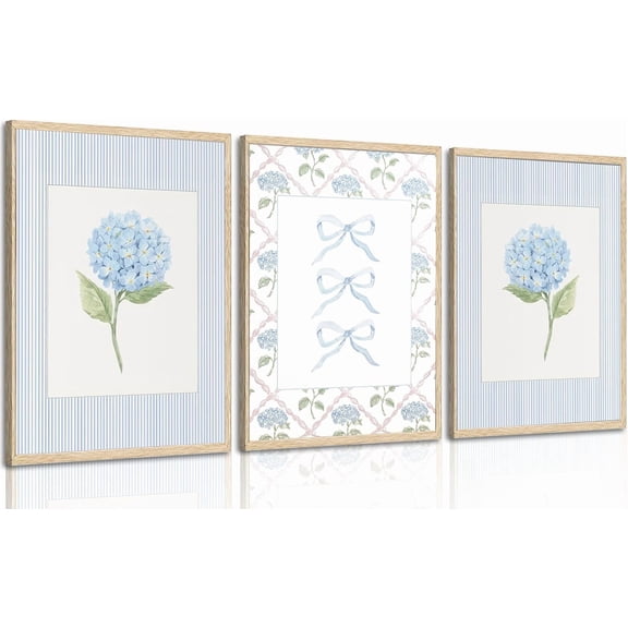 Blue Hydrangea Canvas Wall Art Trendy Watercolor Bow Coquette Paintings Pictures Coastal Preppy Aesthetic Posters Prints for Girly Room Bedroom College Apartment Home Decoration