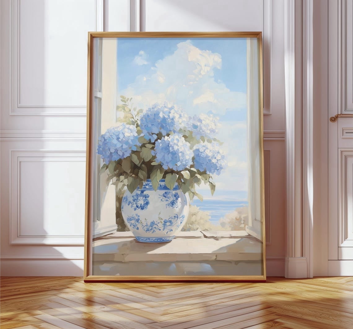 Blue Hydrangea Chinoiserie Coastal Floral Wall Art, UNFRAMED PAPER ...