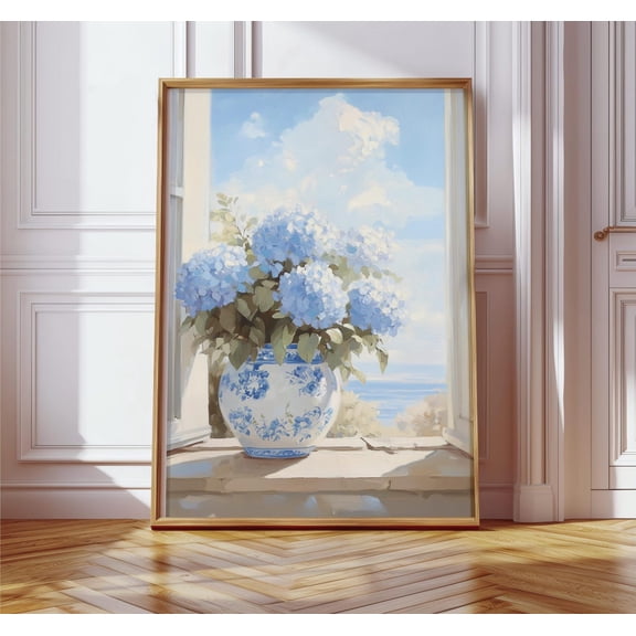 Blue Hydrangea Chinoiserie Coastal Floral Wall Art, Unframed Canvas Size 24x36