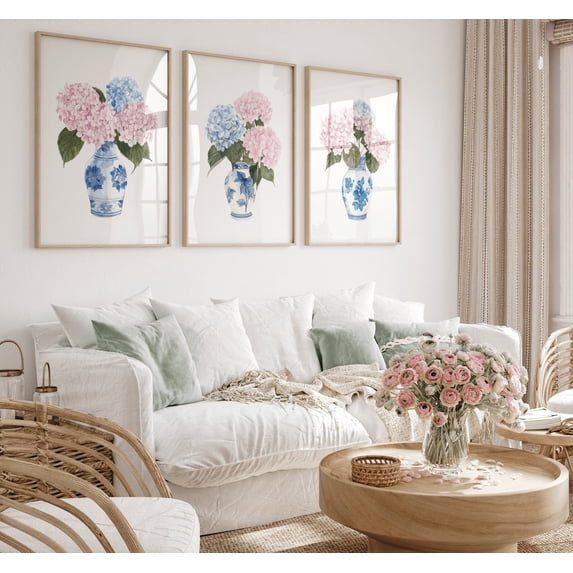 Blue Hydrangea Chinoiserie Wall Art Set of 3, Blue And White Floral ...
