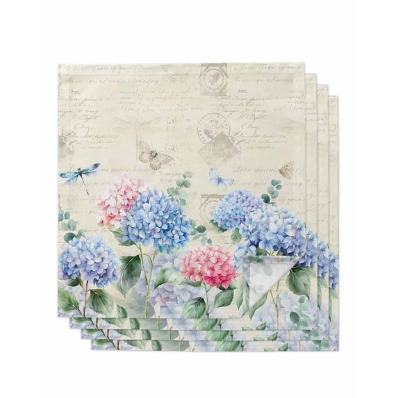 Blue Hydrangea Cloth Napkins Set of 4 Reusable Dinner Napkins, Pink Flowers Spring Botanical Country Plants Cocktail Napkin Washable Table Napkins for Wedding/Holiday Party/Baby Shower 20"x20"