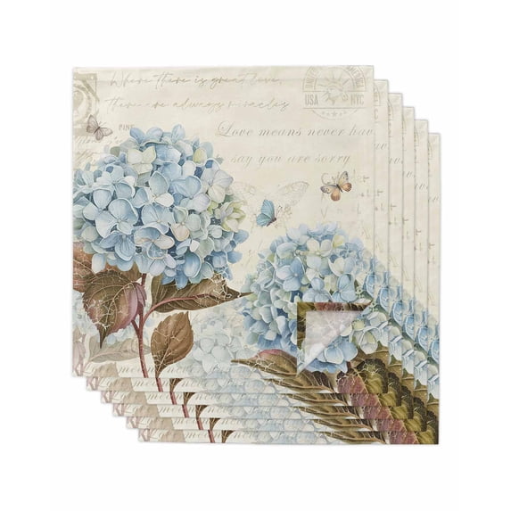 Blue Hydrangea Cloth Napkins Set of 6 Reusable Dinner Napkins, Spring Floral Leaves Butterfly Vintage Beige Cocktail Napkin Washable Table Napkins for Wedding/Holiday Party/Baby Shower 20"x20"
