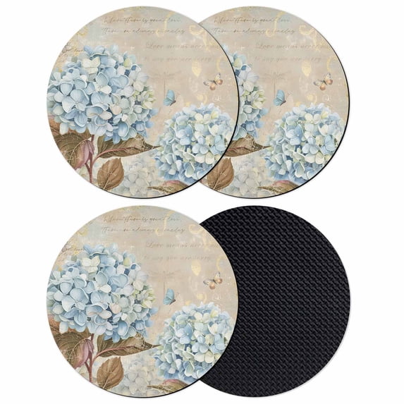 Blue Hydrangea Coasters Set of 4, Absorbent Coasters for Drinks, Flowers Leaves Butterfly Retro Khaki Coaster for Desk Coffee Table Protection, Home Decor House Warming Gifts 4"