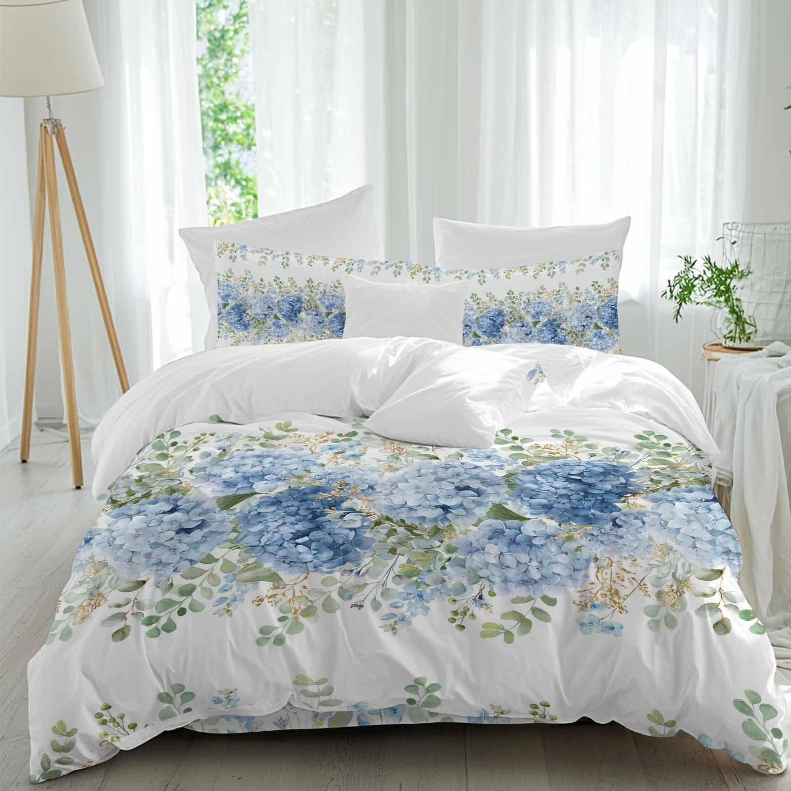 Blue Hydrangea Comforter Set Full Size, Rustic Summer Blue Floral Leaf ...