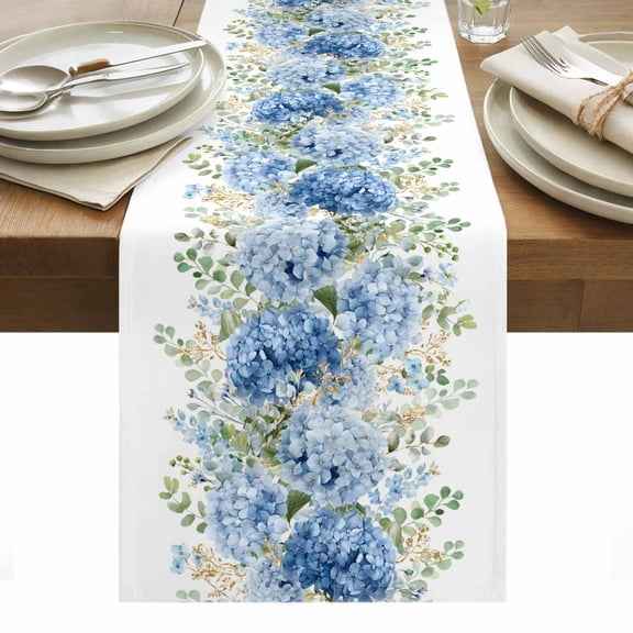 Blue Hydrangea Cotton Linen Table Runner Rustic Summer Blue Floral Leaf Dining Table Runners for Home Decor Party Dining Room Restaurant Kitchen Party 13" x 48"