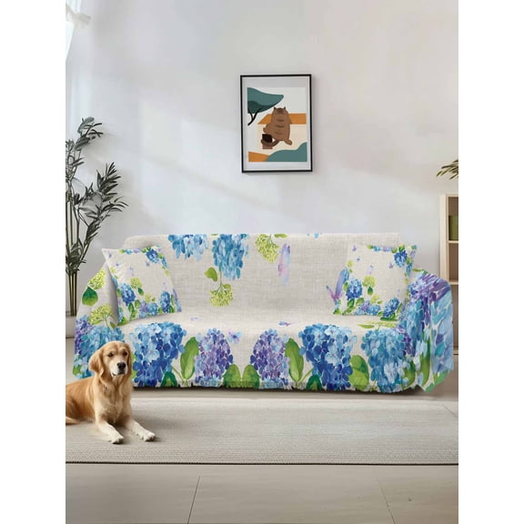 Blue Hydrangea Couch Cover, Linen Texture Butterfly Spring Floral Sofa Cover Blanket for Loveseat Couches, Sectional Sofa Slipcover Furniture Protector for Living Room Bedroom 71''x118''