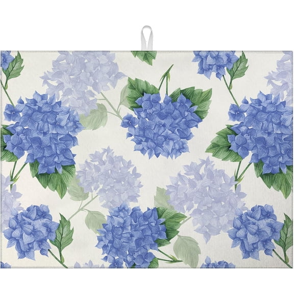 Blue Hydrangea Dish Drying Mat for Kitchen Counter Spring Floral Drying Pad Absorbent Reversible Dish Drainer Rack Mats Draining Pad 18"x24"Inch