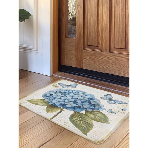 Blue Hydrangea Door Mat Indoor Outdoor Entrance, Non Slip Rug for Kitchen Bathroom Entryway Rug, Spring Vintage Botanical Butterfly Washable Doormat Floor Mat for Office Home Decor 24x36 Inch