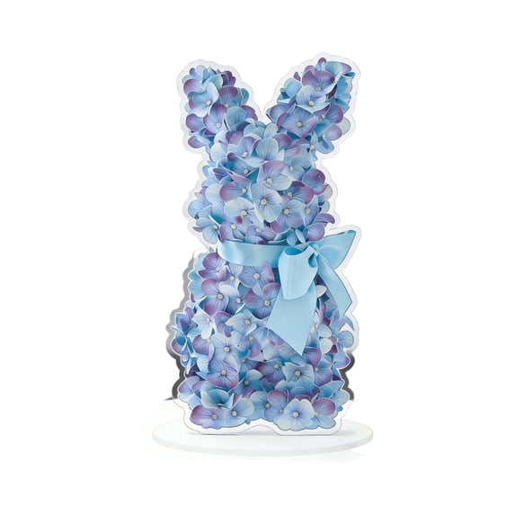 Blue Hydrangea Easter Bunny Decor 7.87 In Artificial Bunny Figurine With Bow Spring Easter Home Tabletop Decor