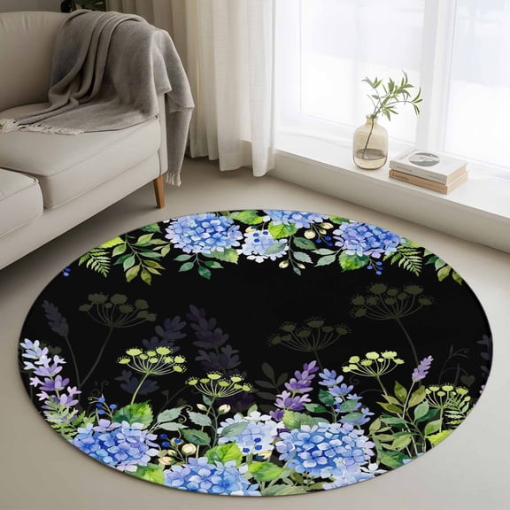 Blue Hydrangea Floral 3FT Round Area Rugs Wildflower Garden Botanical Soft Small Round Rug Non-Slip, Ultra-Thin Indoor Circle Carpet for Bedroom Entryway Kitchen Bathroom